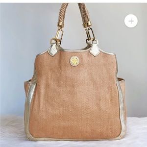 NWOT-TORY BURCH GOLD LEATHER CLASSIC STRAW SHOULDER BAG Golden Rose